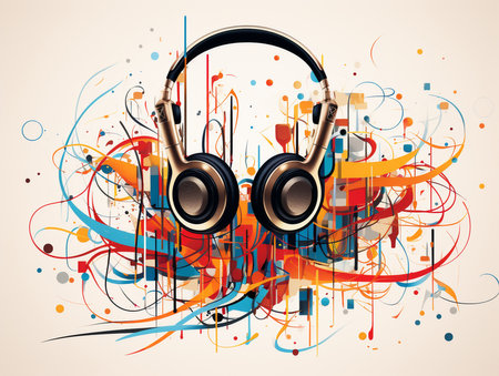 Music background with headphones and abstract elements. Vector illustration. Eps 10.の素材