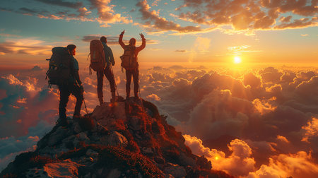 Hikers on the top of a mountain at sunset. 3d renderの素材