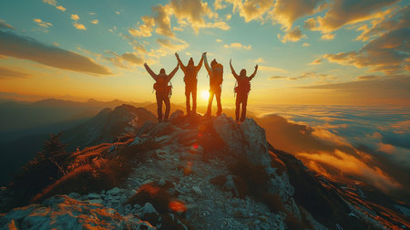 Silhouette of a group of climbers on the top of the mountain.の素材