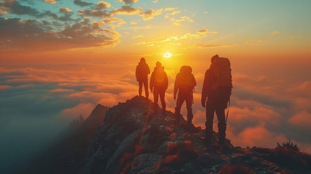 Silhouette of a group of people on the top of the mountain at sunset.の素材