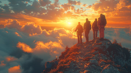 Group of hikers on the top of the mountain at sunset. 3D Renderingの素材