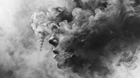 Black and white cloud of smoke of a female face. The concept of the fight against the virus.の素材