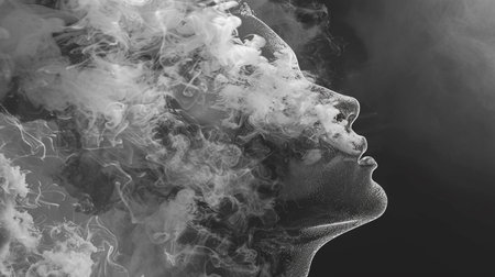 Black and white portrait of a beautiful woman with smoke on her faceの素材