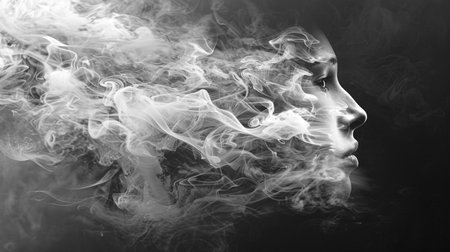 White smoke from a vape on a black background. Copy space.の素材