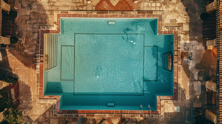 Aerial view of a swimming pool in an old stone building.の素材