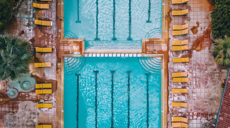 Top view of swimming pool in hotel resort. Swimming pool aerial viewの素材