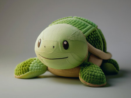 Green turtle toy isolated on grey background with copy space for text.の素材