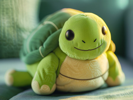 Cute toy turtle on a green sofa, close-up.の素材