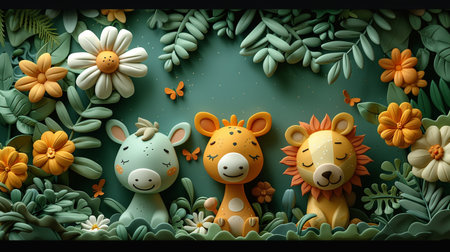 Cute cartoon animals with flowers and butterflies. Paper art style.の素材