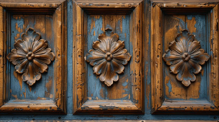 Detail of old wooden door with decorative ornaments in Prague, Czech Republicの素材