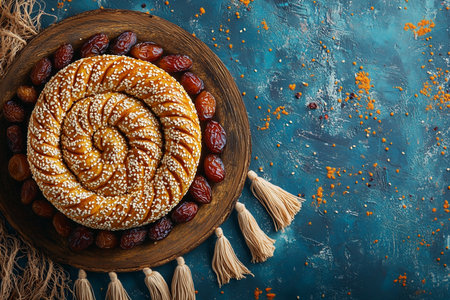 Bread with dates and sesame seeds on a blue background. Top view.の素材