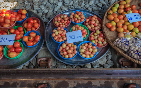 Dramatic tomato shop on the railroad street photo.の写真素材