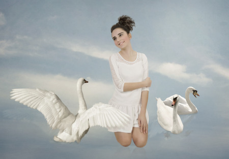 The young girl in white dress and white swans on the waterの写真素材