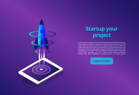 3D illustration of rocket with infographic elements and ultraviolet rays for Business Startup concept landing page design. New wireless internet wifi connection. isometric vector conceptのイラスト素材