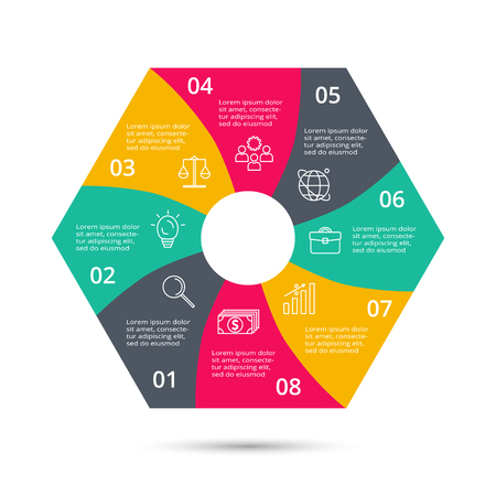 Abstract elements of graph, diagram with steps, options, parts or processes. Template for diagram, graph, presentation and round chart. Business concept with 8 options, parts, steps or processes.のイラスト素材