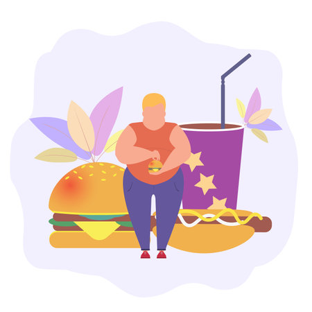 Obesity and unhealthy diet. Power program failed. Food adjustment. A nutritionist talks about a healthy diet. Caring for health and nutrition, seminar, webinar on the topicのイラスト素材