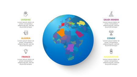 Creative concept for infographics of countries of the world, earth globe, planet earth. All countries can be edited and color changed. Business data visualizationのイラスト素材