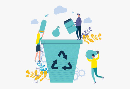 Vector creative illustration of environmental protection, the employee is engaged in waste disposal. Disposal of hazardous substances and wasteのイラスト素材