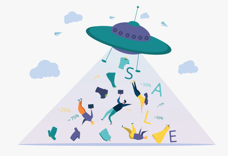 Business development strategy. Discount, deposit, installment plan. Attracting customers, buyers. A metaphor of people, words, things flies out of a UFO. Colorful vector illustration.のイラスト素材