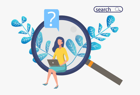 Search for information or a potential Internet candidate. Metaphor banner with a woman sitting on a huge magnifier with a computer. Vector illustration colorful search button.のイラスト素材