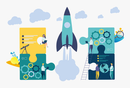 People build a rocket spacecraft. Solid teamwork in a startup. Vector colorful business illustrationのイラスト素材