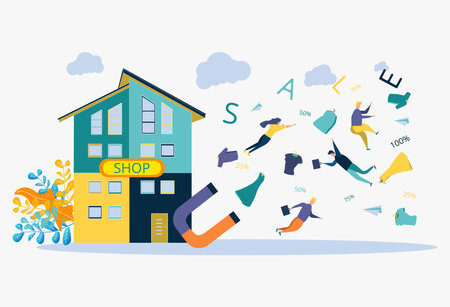 Business development strategy. Discounts for services, installment. Attracting customers, buyers. Magnet attracts people, things, numbers, signs. Colorful Vector Illustrationのイラスト素材