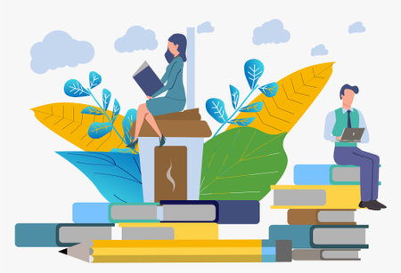 Training company employees. Getting knowledge from books and the Internet. Distance learningのイラスト素材