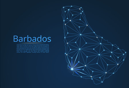 Map of Barbados connection. Vector low-poly image of a global map with lights in the form of cities or population density, consisting of points and shapes in the form of stars and space.のイラスト素材