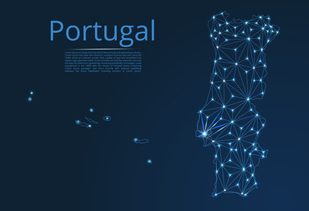 Map of Portugal connection. Vector low-poly image of a global map with lights in the form of cities or population density, consisting of points and shapes in the form of stars and space.のイラスト素材