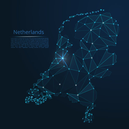 Netherlands communication network map. Vector low poly image of a global map with lights in the form of cities in or population density consisting of points and shapes in the form of stars and space.のイラスト素材
