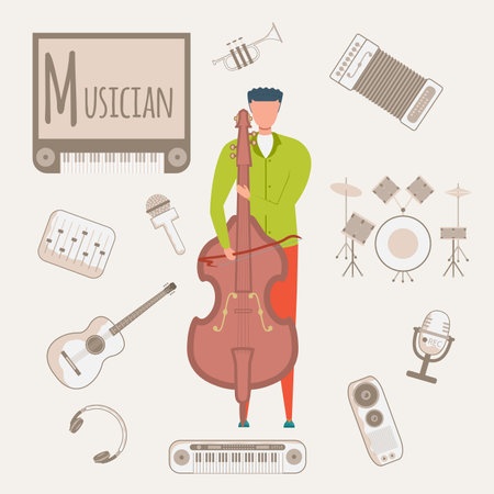 Colorful vector alphabet. Book of professions. Profession Musicianのイラスト素材