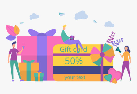Gift card, gift voucher, discount coupon and gift voucher concept. People give presents.のイラスト素材