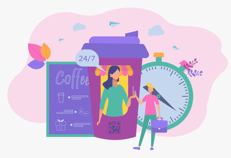 Coffee to support energy in the human body. Caffeine stimulating effect. Coffee break, low energy, fatigue and energy boost.のイラスト素材