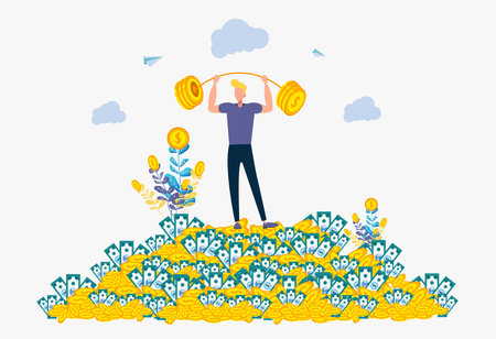 Businessman lift the barbell with coins. Concept of achieving a financial goal for a websiteのイラスト素材