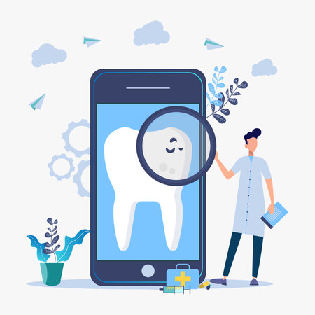 Private dentistry, dental service, concept of a private dental clinic. Healthy teeth. Colorful vector illustrationのイラスト素材