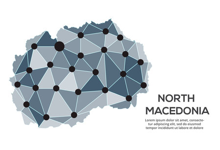 North Macedonia communication network map. Vector image of a low poly global map with city lights.のイラスト素材