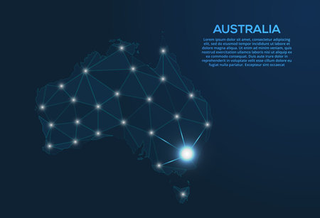 Australia communication network map. Vector low poly image of a global map with lights in the form of cities.のイラスト素材