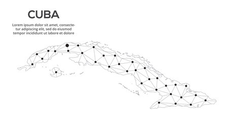 Cuba communication network map. Vector image of a low poly global map with city lights.のイラスト素材