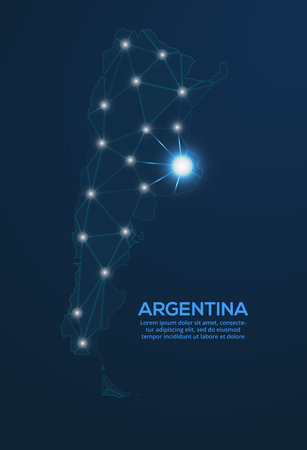 Argentina communication network map. Vector low poly image of a global map with lights in the form of cities.のイラスト素材