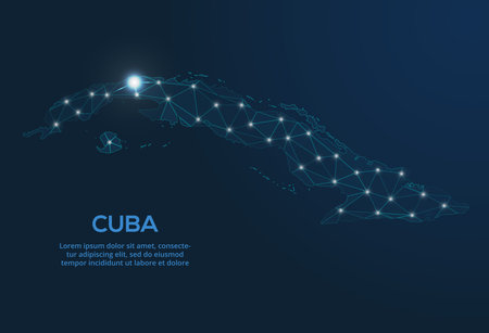 Cuba communication network map. Vector low poly image of a global map with lights in the form of cities.のイラスト素材