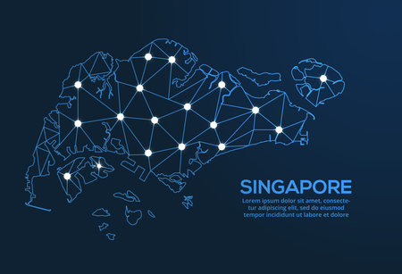 Singapore communication network map. Vector low poly image of a global map with lights in the form of cities.のイラスト素材