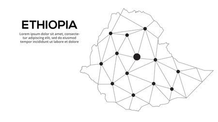 Ethiopia communication network map. Vector image of a low poly global map with city lights.のイラスト素材