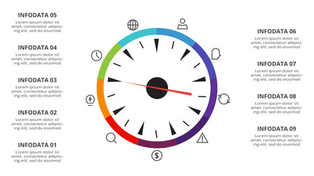 Speedometer infographic with 9 elements template for web, business, presentations, vector illustration.のイラスト素材