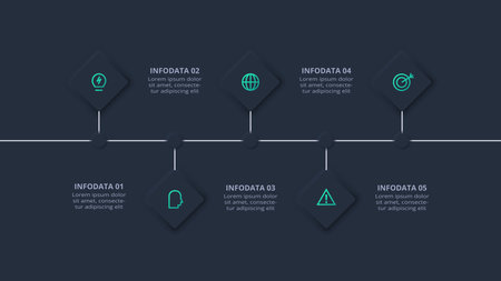 Neumorphic flowchart dark iinfographic. Template for web on a black background, business, presentation.のイラスト素材