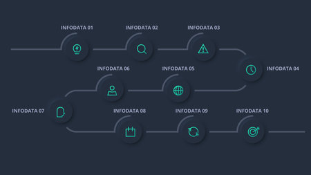 Neumorphic flowchart dark iinfographic. Template for web on a black background, business, presentation.のイラスト素材