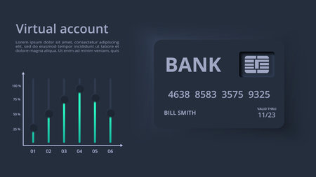 Neumorphic flowchart dark iinfographic. Template for web on a black background, business, presentation.のイラスト素材