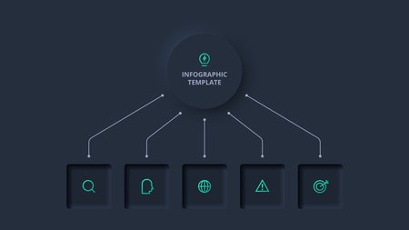 Neumorphic flowchart dark iinfographic. Template for web on a black background, business, presentation.のイラスト素材