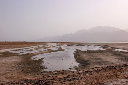 Dry up the sea floor exposed to the background of desert and mountains.