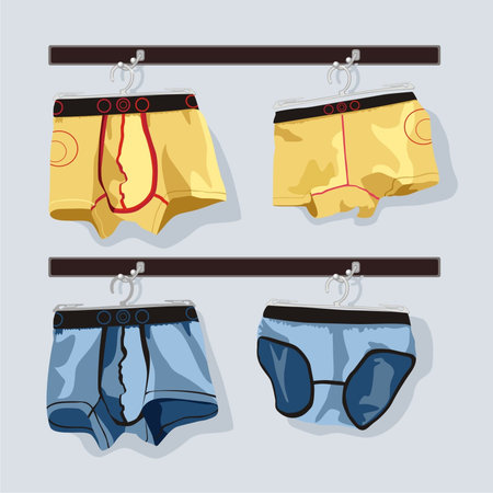 colored pants for men and women are hanging on the rackのイラスト素材