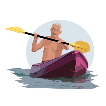 tanned white man floating in a boat and rowing oarのイラスト素材